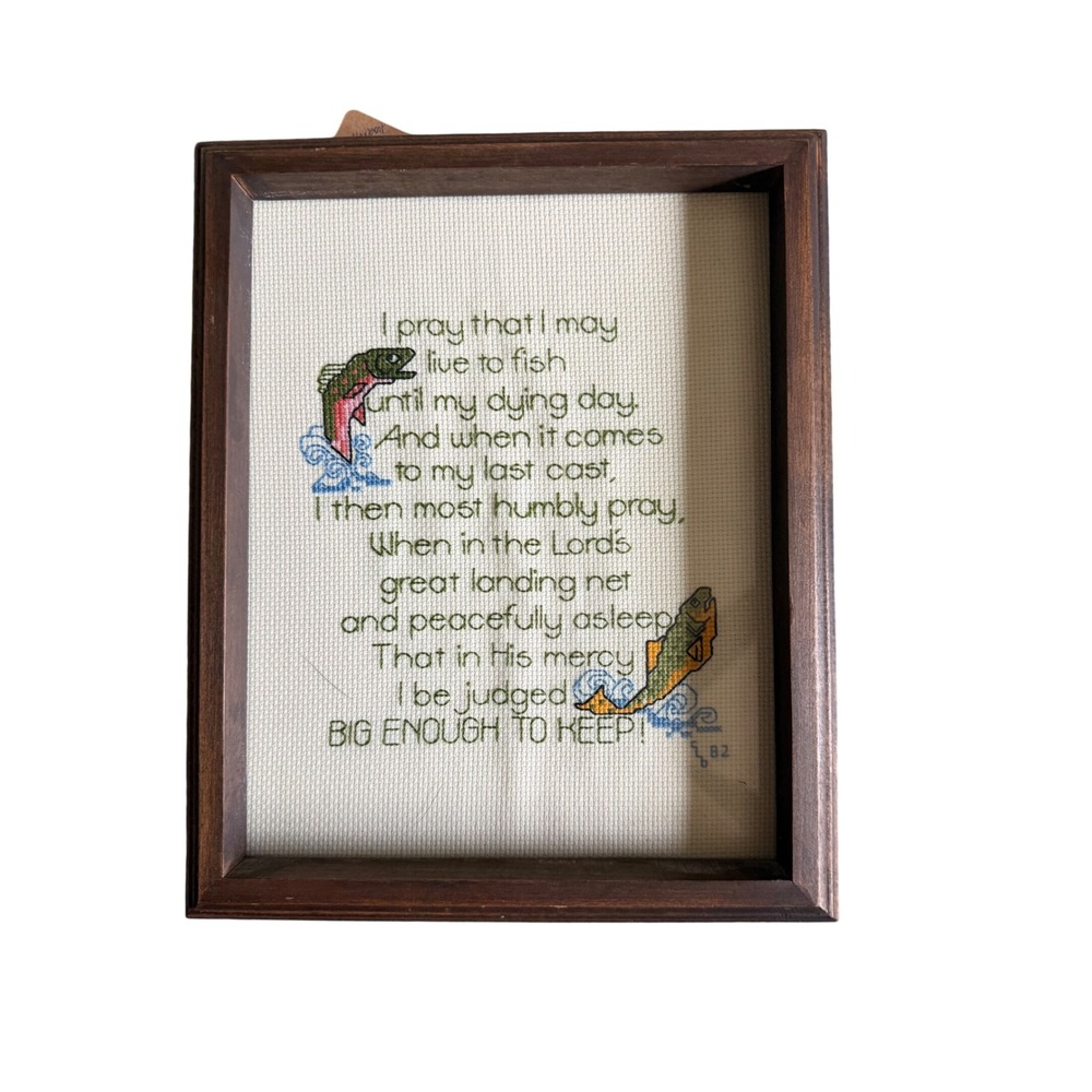 Vintage 1982 Fisherman's Prayer Cross Stitch Framed Art Trout Fishing Decor 8x10